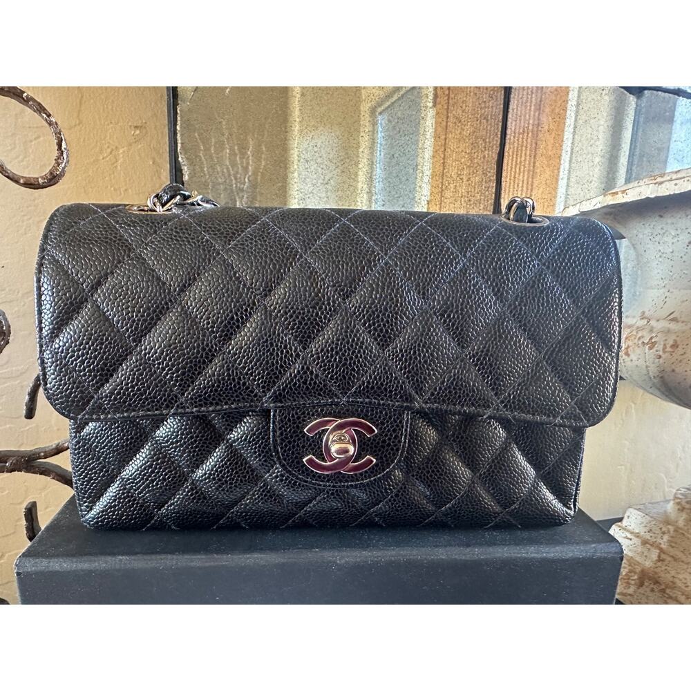 CHANEL Small Classic Double Flap Caviar Handbag Silver Hardware - with Box+